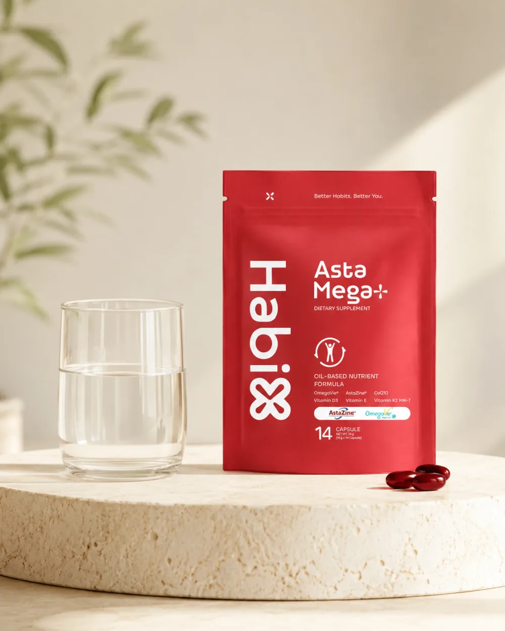 ถุง HabiX Asta Mega+ สีแดง พร้อมแคปซูลน้ำมันและแก้วน้ำ