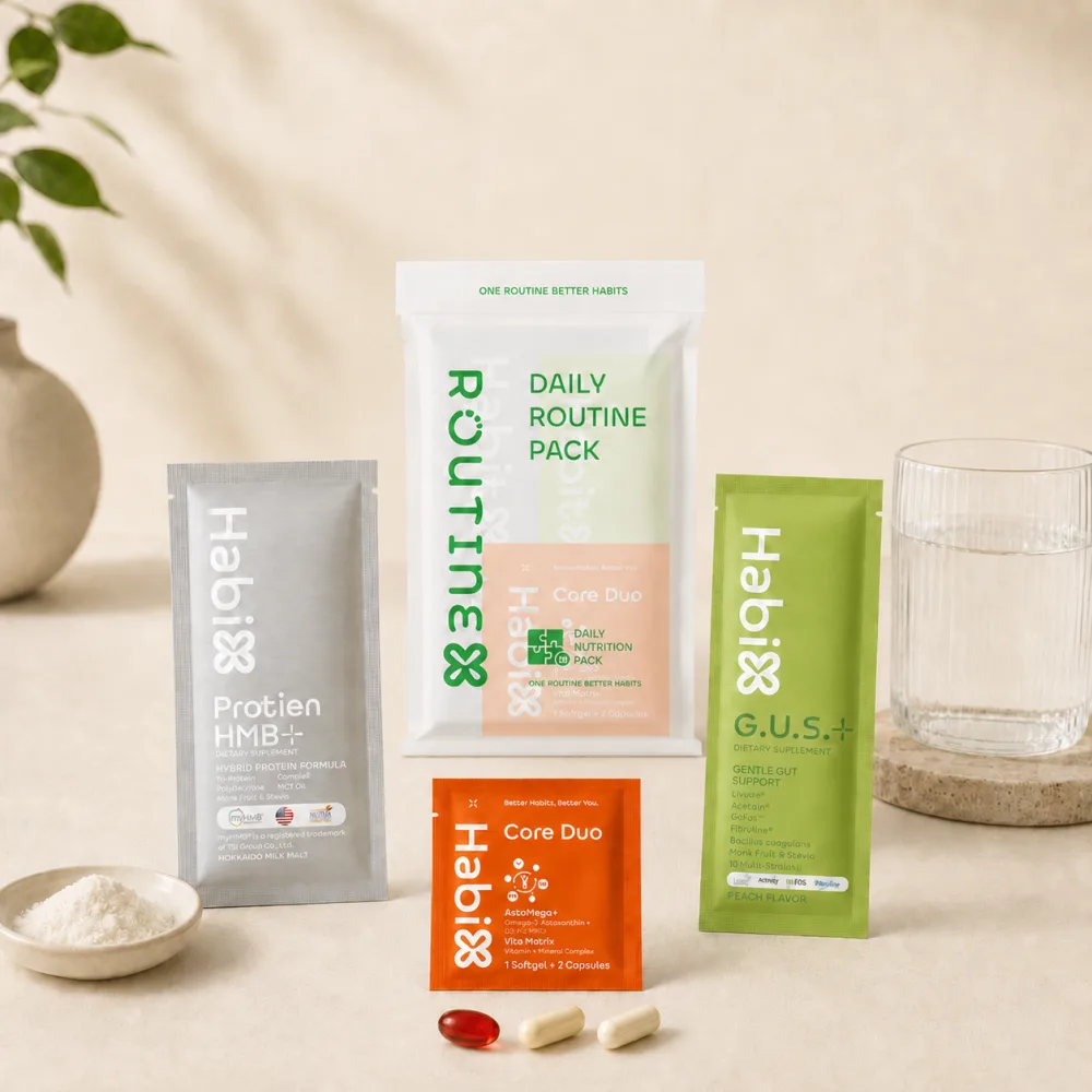 ซอง RoutineX Daily Routine Pack พร้อมซองย่อยและแคปซูลที่อยู่ในเซ็ต