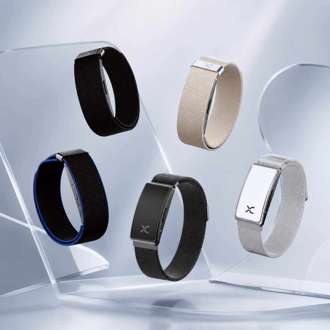 XIRCLE Band ห้าสีวางลอยบนแท่นอะคริลิกใส